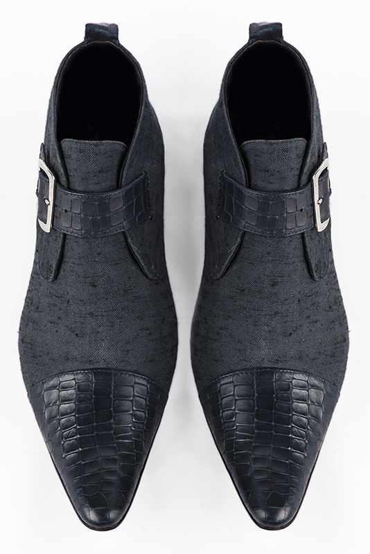 Navy blue dress ankle boots for men. Tapered toe. Flat leather soles. Top view - Florence KOOIJMAN